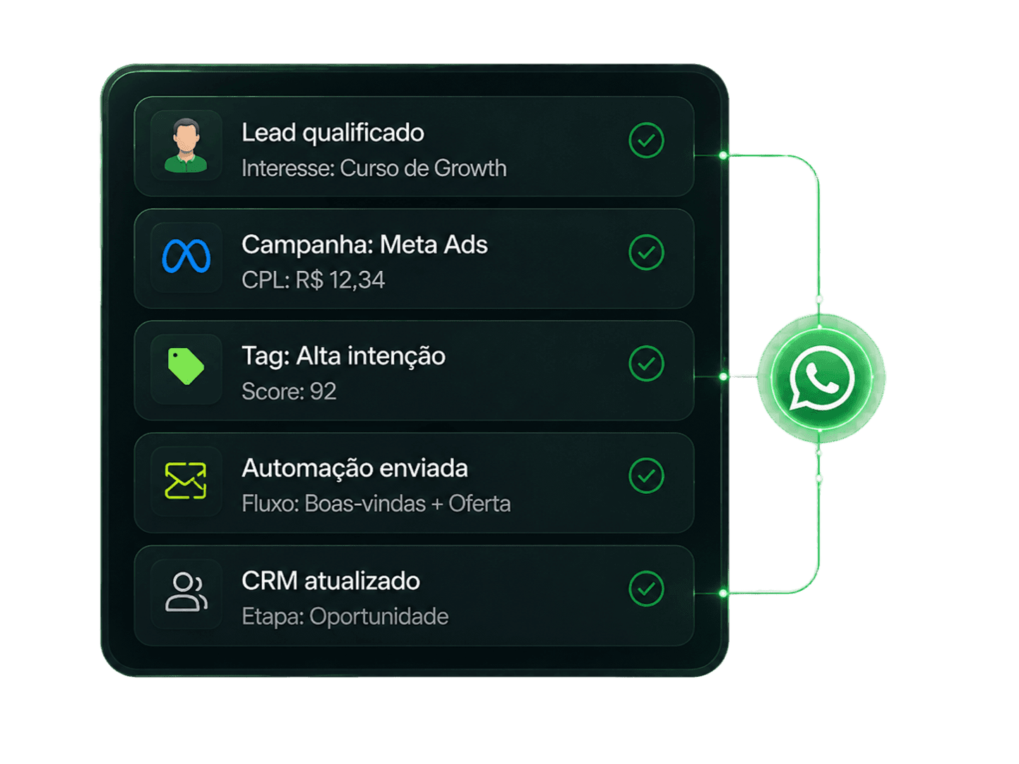 Fluxo de Growth qualificando leads, campanhas, tags, automação e CRM via WhatsApp